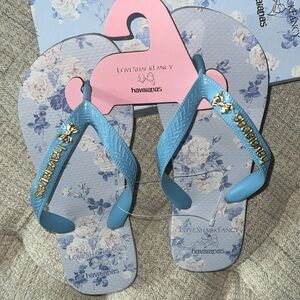 Havaianas Blue Floral Flip Flops with Gold Accents